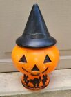 Vintage Halloween Blow Mold Light Pumpkin Jack-O-Lantern with Witch Hat Bats Cat