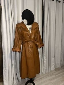 Vintage Brown Leather Long Trench Jacket Coat Size Medium