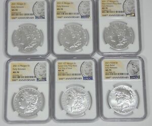 New Listing2021  6-Coin Morgan & Peace Dollar 100th Anniversary Label FULL Set NGC MS 70