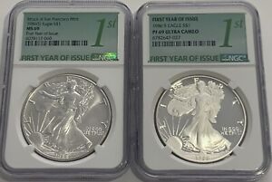 1986 S 2 COIN SET NGC MS69 PF69 SILVER EAGLES PROOF & BUSINESS STRIKE FIRST YEAR