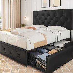 Upholstered Bed with Adjustable Headboard/4 Storage Drawers/2 Built-in USB Ports