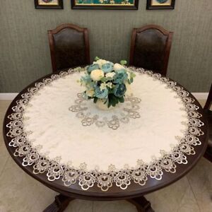 White Round Tablecloth Vintage Fabric Lace Embroidered Table Cloth Cover Decor.