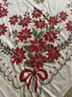 Vintage Cotton White Christmas Tablecloth w/ Poinsettias 43