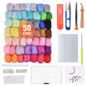 50 Colors Wool Fibre Roving DIY Needles Felting Starter Kit Handcraft Mat Tools