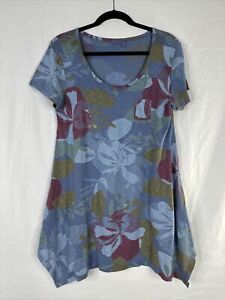 Fresh Produce Tunic Top Womens Size M Blue Floral Short Sleeve Cotton USA