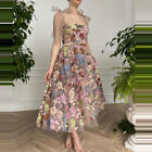 Multicolor Floral Appliques Tea length Ball Gowns Lace-up Strap Evening Dresses