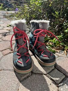 Sorel Glacy Explorer Boots Gray Red Blue Lace Up Snow Winter Boots Women’s 7.5