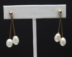 Vintage Pearl Earrings Drop Dangle Chain Link Solid 14K Yellow Gold Jewelry