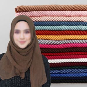 Women's Pleated Maxi Hijab Scarf Plain Colors Muslim Wrinkle Shawls and Wraps
