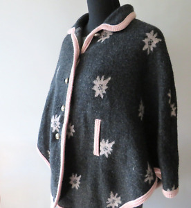 Vtg Women's Loden-Plankl Wool Poncho Cape Nordic Snowflake Gray w Pink Trim OS