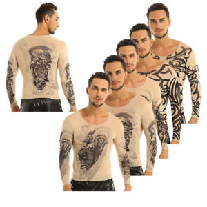 Men's Long Sleeve Elastic T-Shirt Tattoo Tribal Inspired Print Tops Muscle Shirt