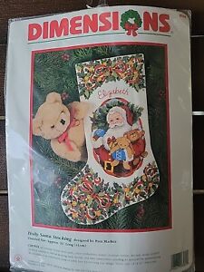 Dimensions Crewel Stitchery Christmas Stocking Kit, Holly Santa Stocking New