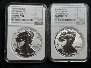 2021 W & S NGC PF70 Reverse Proof Silver Eagle 2 Coin Designer Set ASE Type 1&2