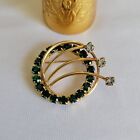 Vintage Emerald Circle Rhinestone Brooch Pin Gold Tone Emerald Color