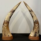 VINTAGE PAIR OF HAND CARVED WATER BUFFALO HORNS ON WOOD BASE  DRAGON DESIGN 17