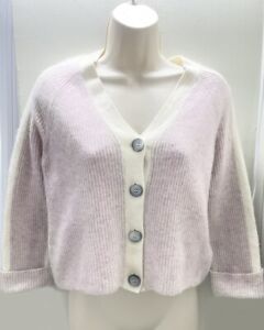 ❤ PURE Collection 100% Cashmere Vneck Ribbed Cardigan Sweater Purple Ivory 4 / S