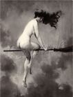 WITCHCRAFT NUDE WITCH FLYING BROOM SABBATH WICCA VINTAGE CANVAS ART PRINT LARGE