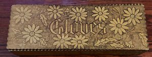 Vintage Old Pyrography Burnt Wood Dresser Glove Box Floral Daisy Design Art