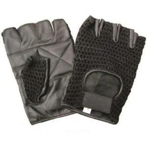 Leather Padded Palm Black Mesh Fingerless Motorcycle Gloves
