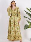 Bell Sleeve Maxi Dress for Women - Casual V Neck Button Down Printed Flowy Dress