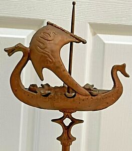 Cast Iron Figural Viking Ship Boat Floor Ashtray Antique Smoking Stand Tobacco