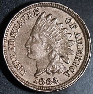 1864 INDIAN HEAD CENT - AU UNC - W LIBERTY & Near 4 DIAMONDS CN - Copper Nickel