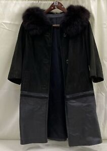 Women Black Vintage Suede & Leather Trench Coat W/Faux Fur Collar