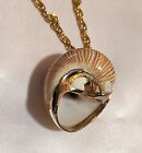 Vintage Gold Trimmed Seashell Pendant Necklace on Gold Tone Chain Ocean Beach A