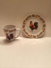 Gibson Matching Rooster Cup And Saucer Set Green Gold Red White