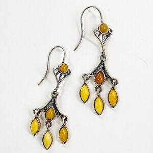 925 Solid Sterling Silver Yellow Baltic Amber Filigree Chandelier Nice Earrings