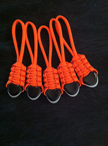 (5) Paracord Zipper Pulls - fits-Back Packs Gear Bags,Molle Bags-  Safety Orange