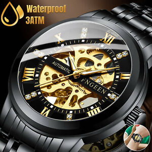 Luxury Men's Stainless Steel Gold Tone Skeleton Automatic Mechanical Wrist Watch