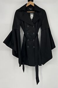 Bebe Black Satin Trench Coat Flared Sleeves Belted Women’s Size XS Brand New