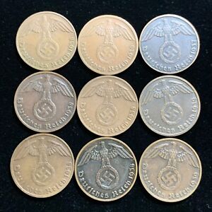 9 Coin Lot Rare World War 2 Germany Bronze 1 RP Reichspfennig Average Circulated