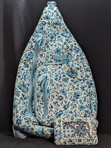 VERA BRADLEY Iconic Sling Backpack Bag CLOUD VINE Aqua Blue Floral Crossbody...