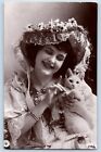 Pretty Woman Postcard RPPC Photo Floral Hat Cat Kitten Studio c1905 Antique