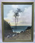 Vintage Hawaii Color Tinted Photograph Original Frame, Palm Trees Ocean Sunset