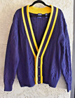 Vintage GAP 90s Large Navy Cable Knit Cardigan Sweater Preppy V Neck Yellow Trim