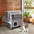 Outdoor Wood 2-Floor Cat Condo Pet House Kitty Shelter With Stairs Balcony
