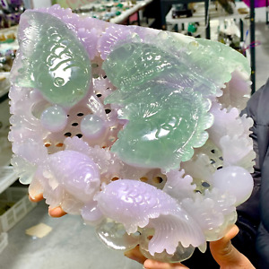 10.8LB Natural Beautiful Colours Fluorite Crystal Carving Koi carp Healing
