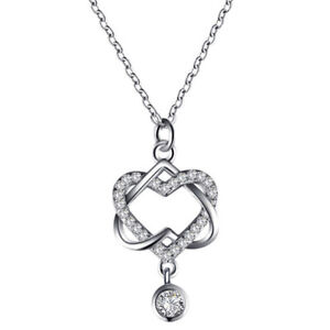 Women Silver Double Heart Zircon Crystal Pendant Chain Necklace Jewelry Gift NEW