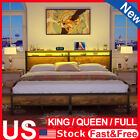 Full/Queen/KING Bed Frame w/ LED Lights Headboard, Metal Platform Bed & Outlets