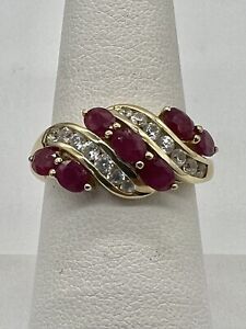 14k Yellow Solid Gold Natural Ruby & Cz Band Ring Size 8 Weight 4.2 gram