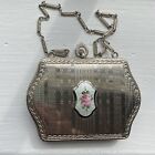 Vtg FM Co Finberg Pink Rose Guilloche Enamel Coin Purse Compact w/ Chain