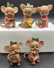 5 Vintage Christmas Carols Josef Originals Mice Mouse Figurines Holly Leaf MCM