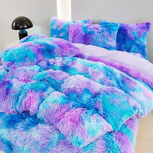 Blue Purple Fluffy Twin Bedding Sets for Girls 3Pcs Faux Fur Plush Shaggy Kids D
