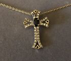 NIB Sapphire And Diamond Cross Necklace 18kt Gold Over Sterling Silver