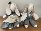  VTG Folk Art Stuffed Bunny Rabbit boy/girl Doll gingham rag doll