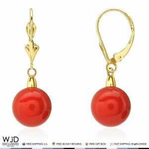 10 mm Ball Shaped Red Coral Leverback Dangle Earrings 14K Solid Yellow Gold