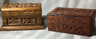 Vintage Hand Carved Hinged Wooden Trinket Jewelry Boxes Lot Of 2